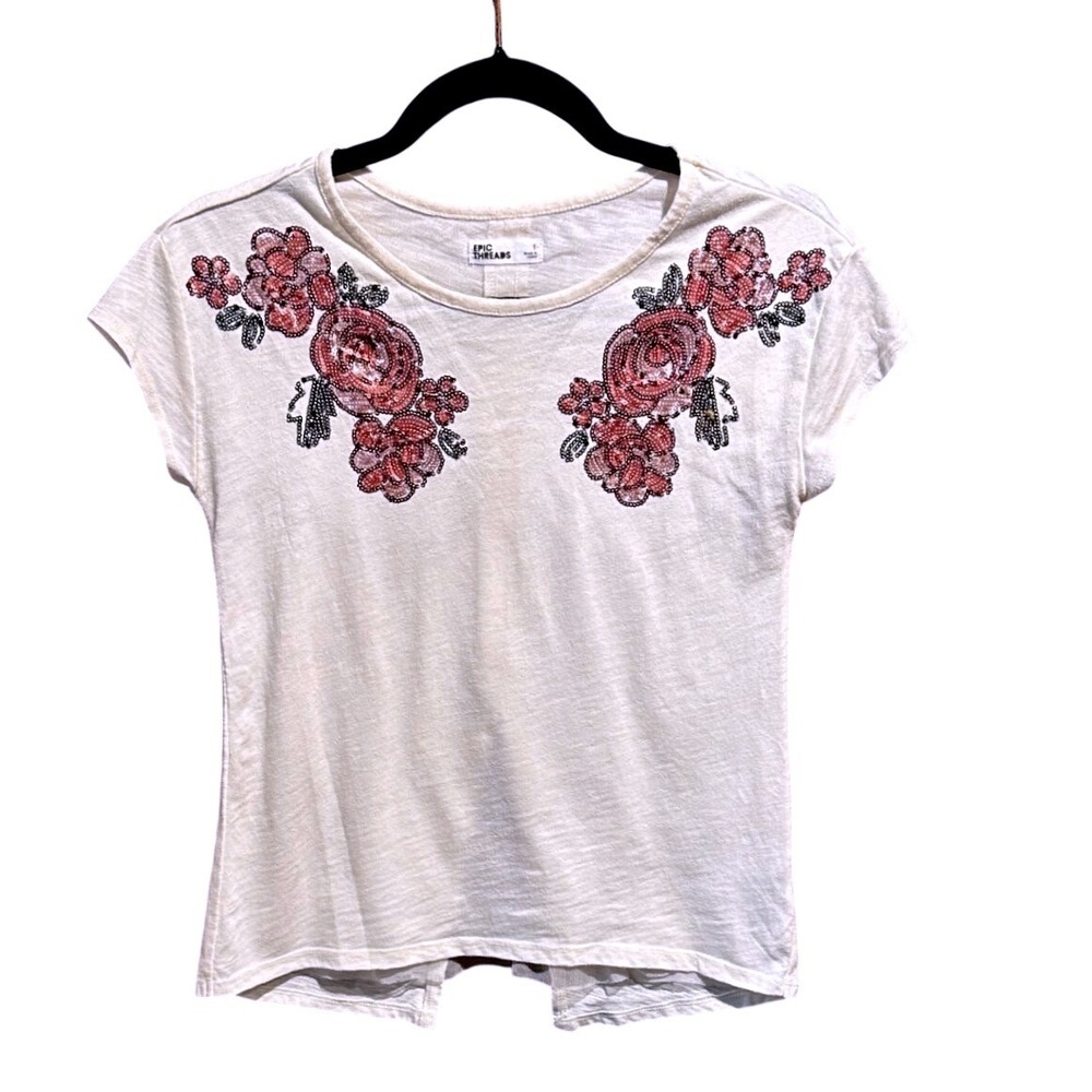 Epic Threads Womens Cream Floral Sequin Short Sleeve Split Back Mesh Top Large